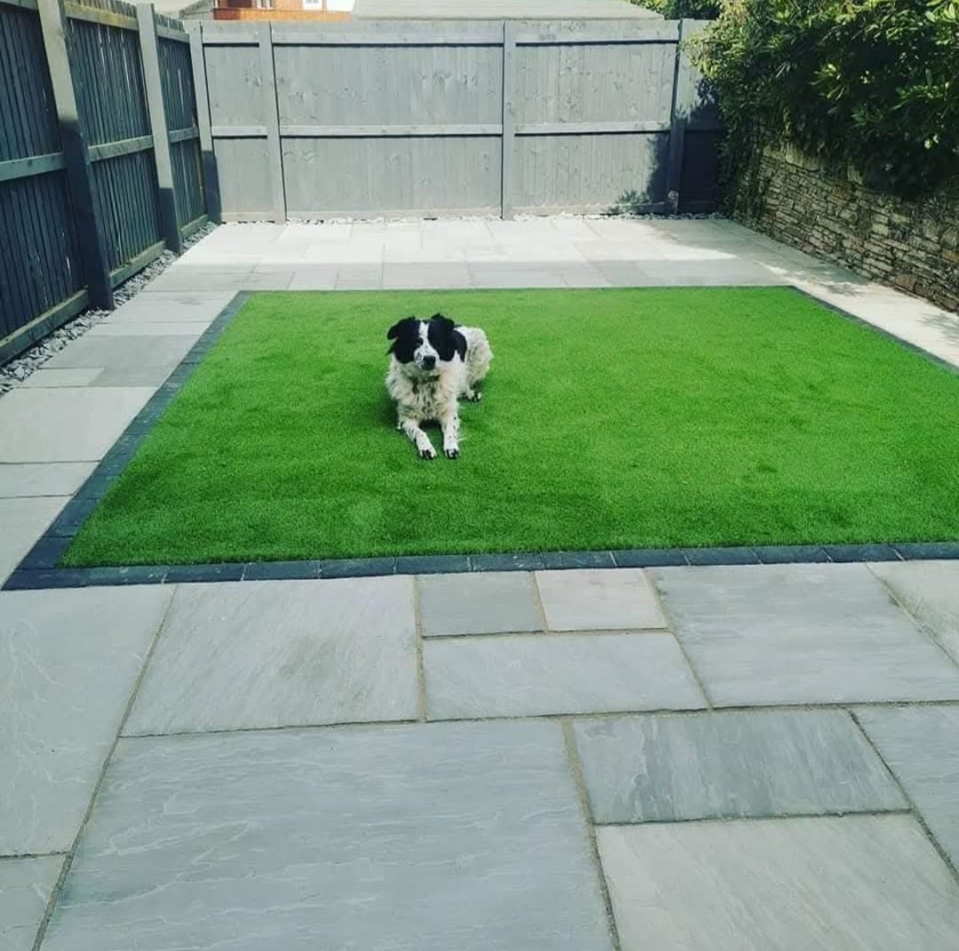 Garden paving surrounding a central lawn with a dog resting on it